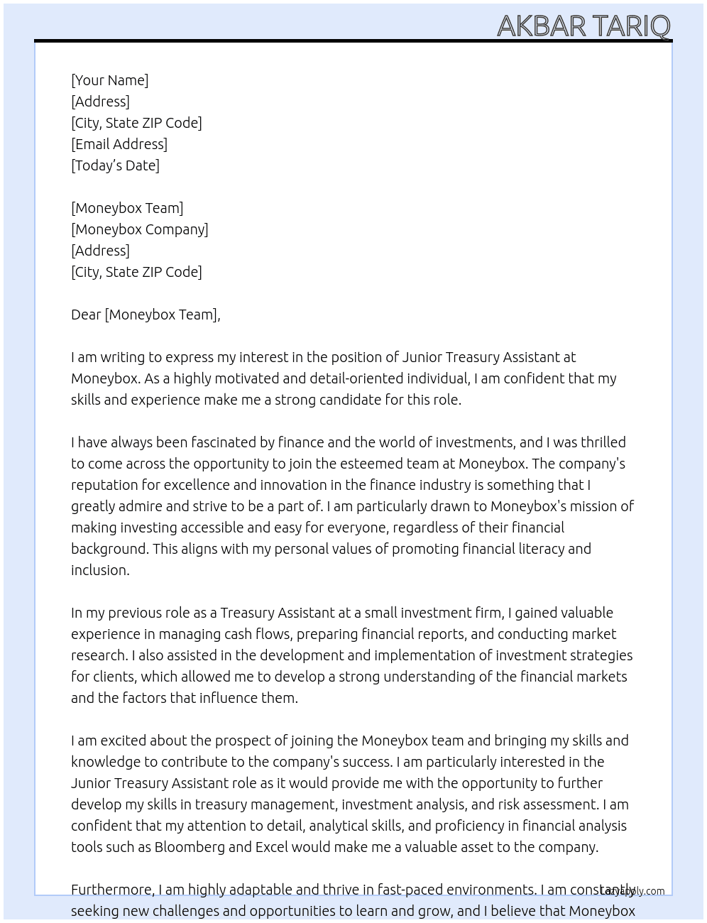 junior treasury assistant At Moneybox Cover Letter