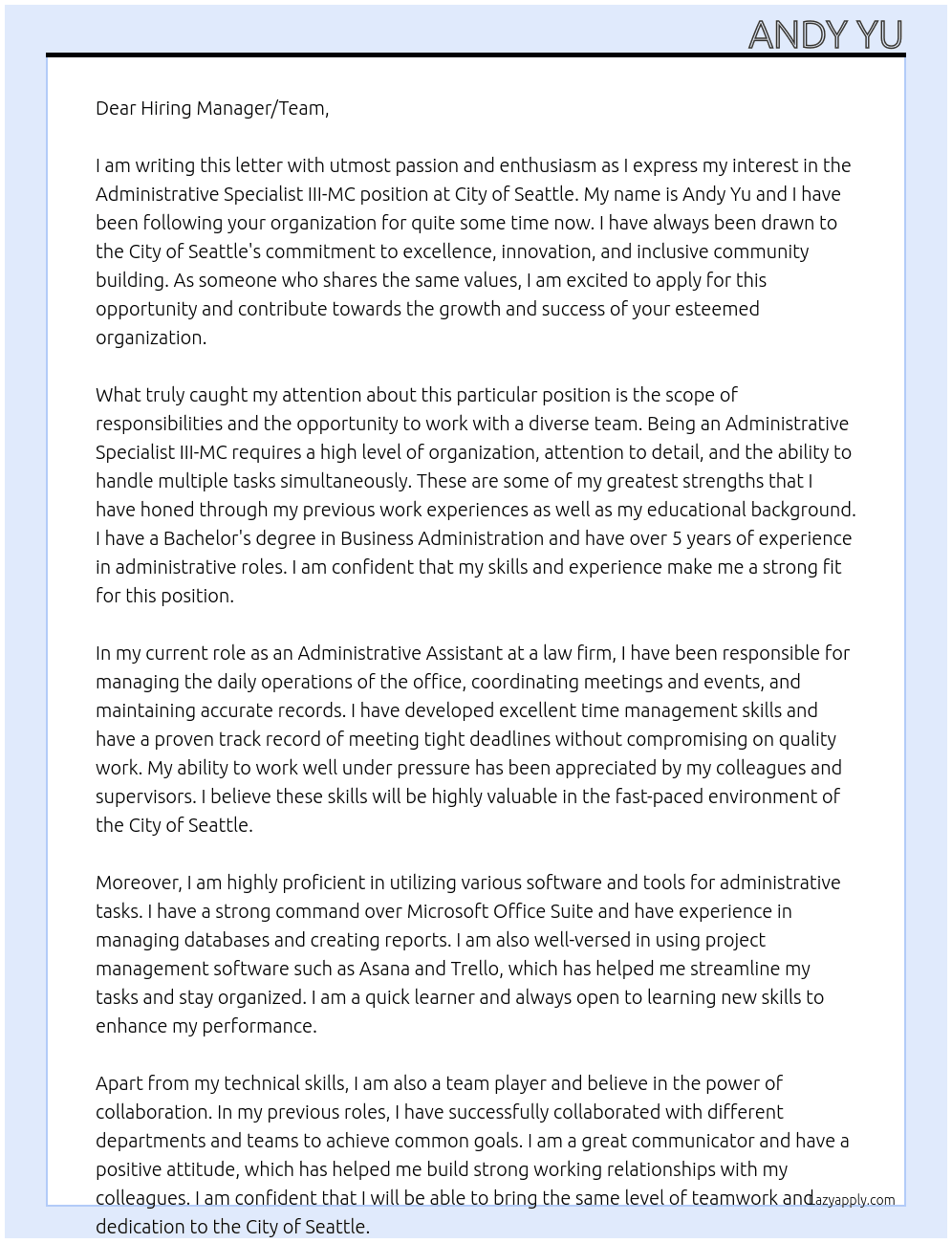 Administrative Specialist III-MC At City of Seattle Cover Letter