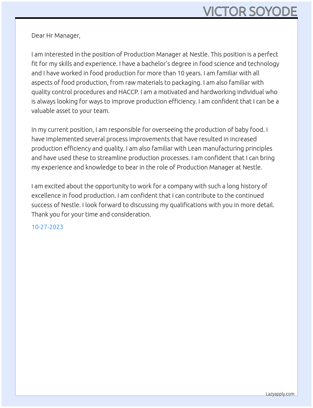 Production Manager At Nestle Cover Letter