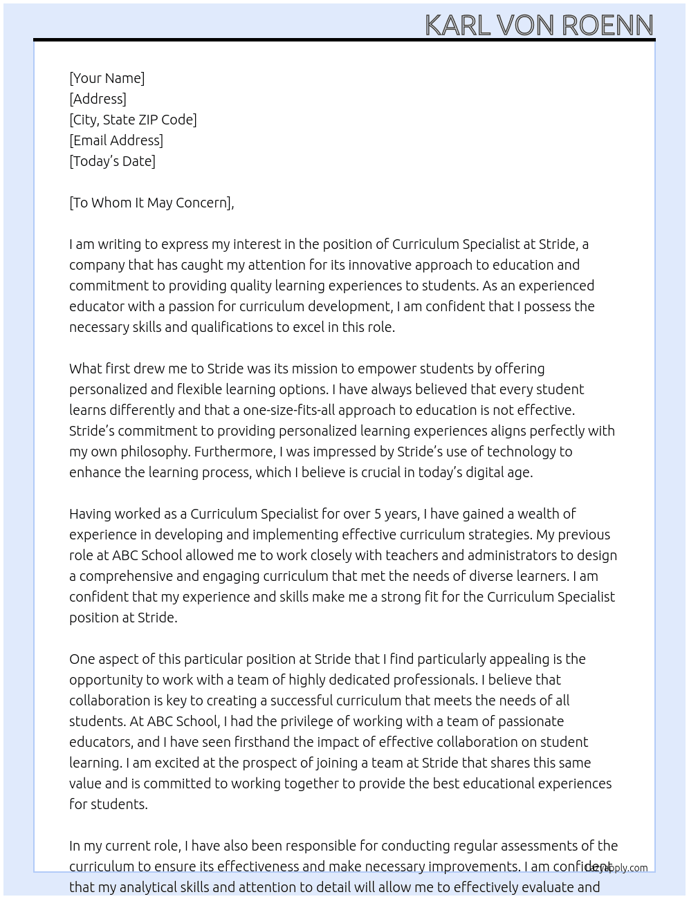 Curriculum Specialist At Stride Cover Letter
