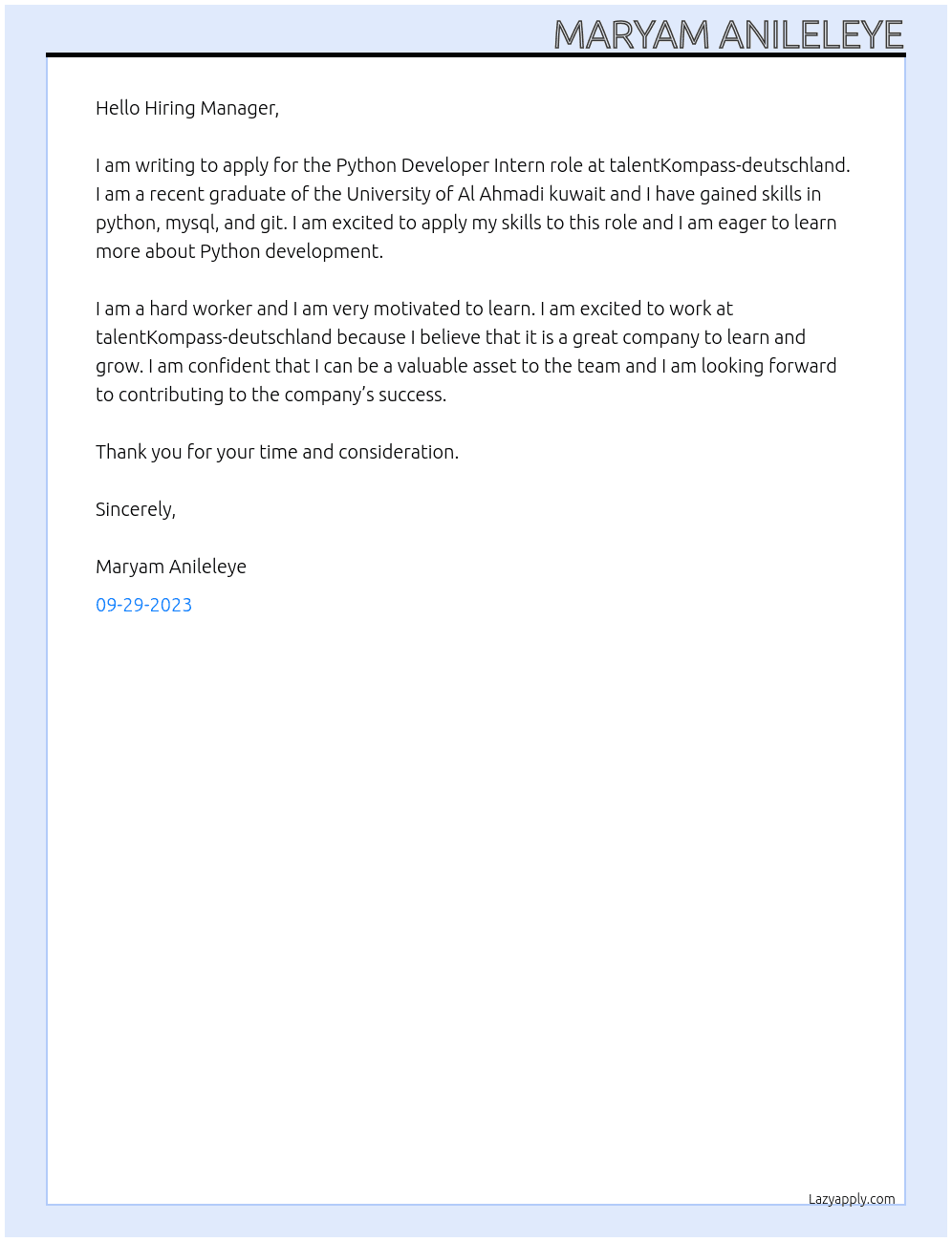 Python Developer Intern At talentKompass-deutschland Cover Letter