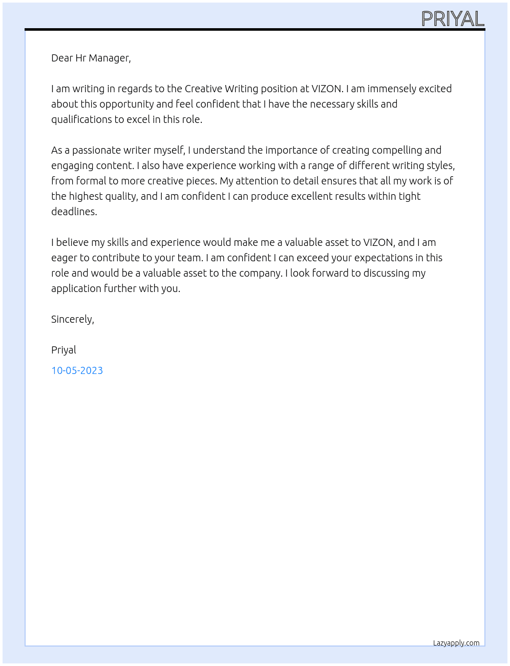 Creative Writing work At VIZON Cover Letter