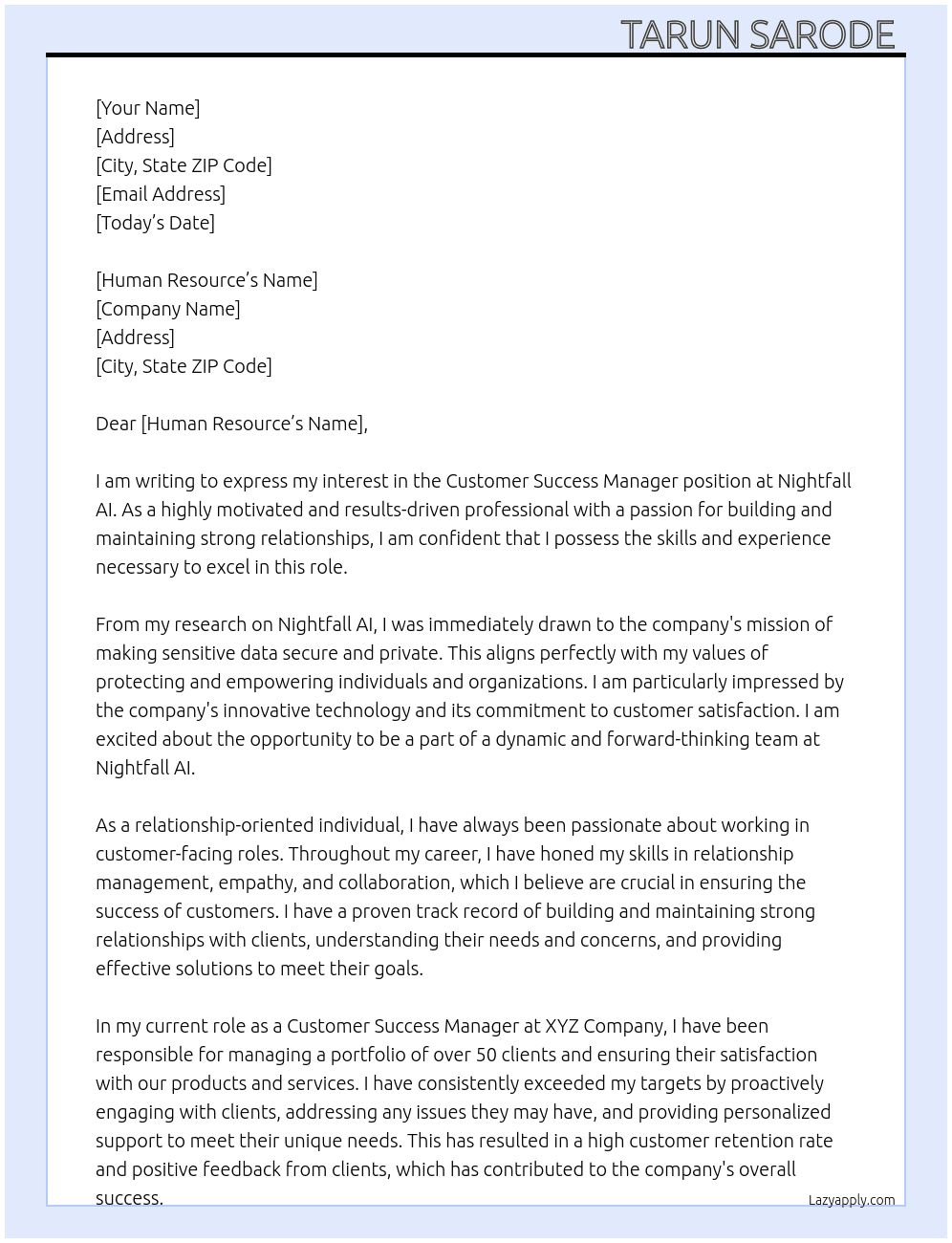 Customer Success Manager  At Nightfall AI Cover Letter
