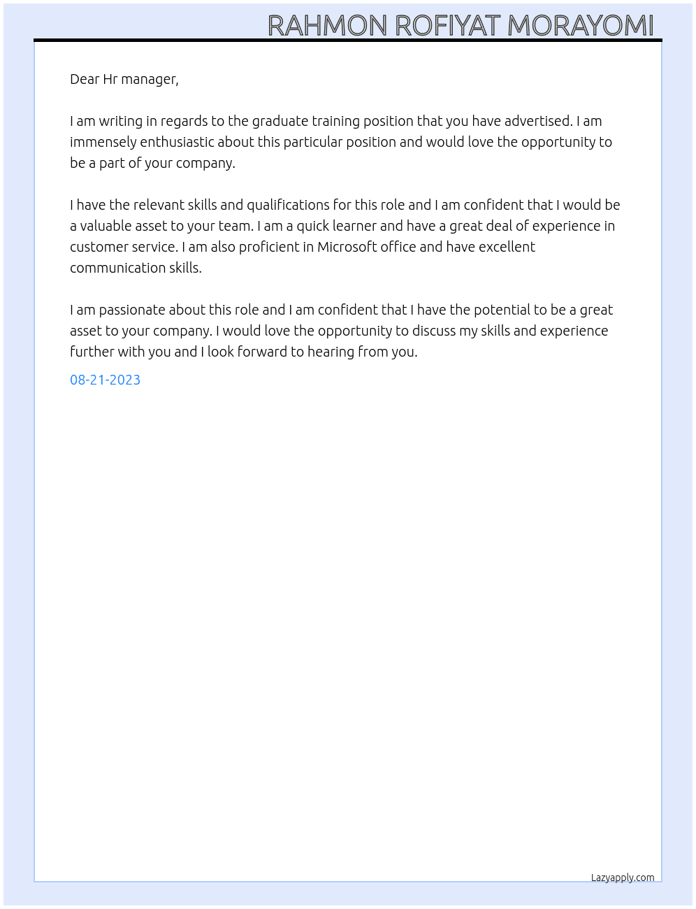 Graduate training  At None Cover Letter