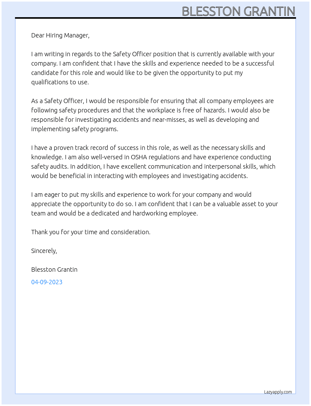 safety officer At drilling/offshore Cover Letter