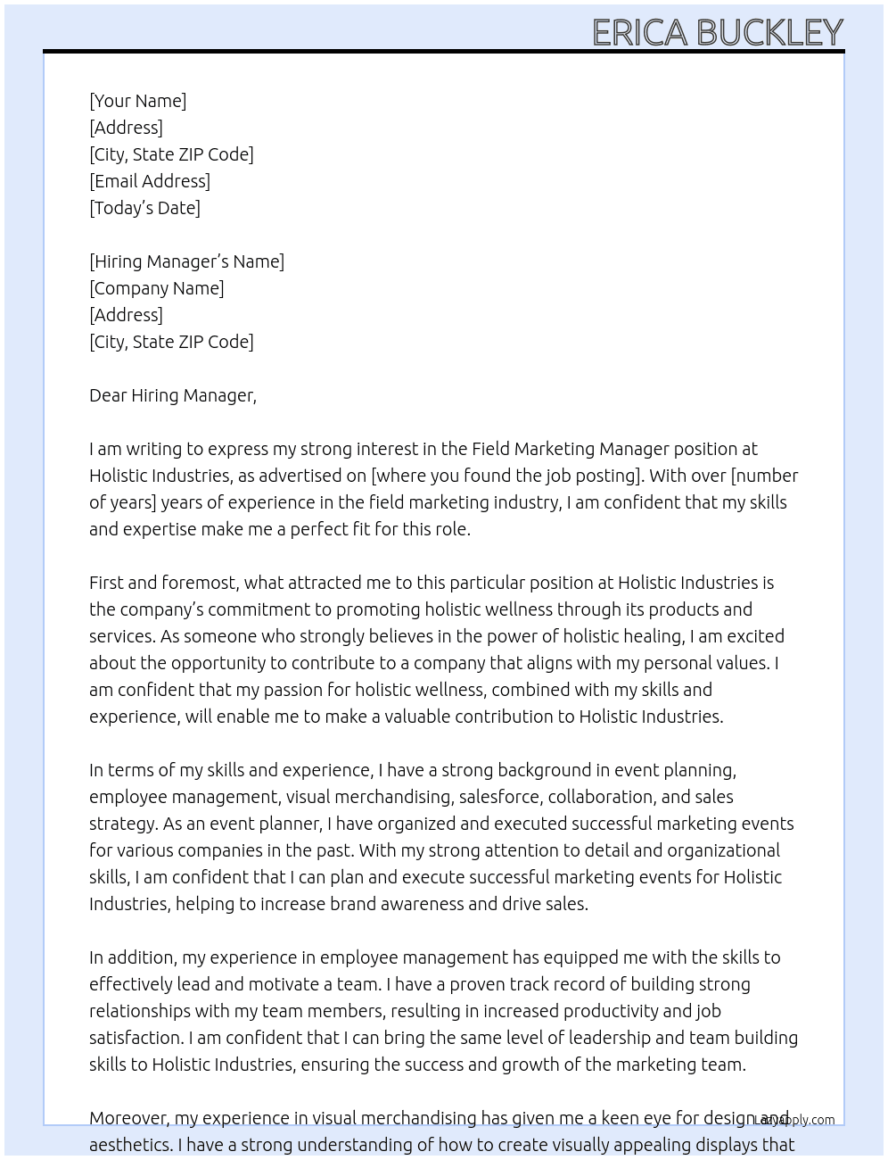 Field Marketing Manager At Holisitic Industries  Cover Letter