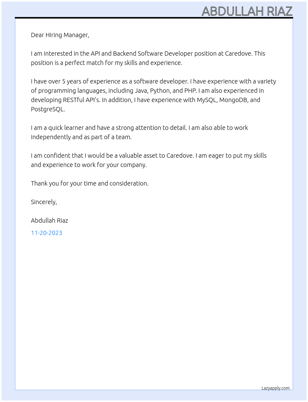 API and Backend Software Developer At Caredove Cover Letter
