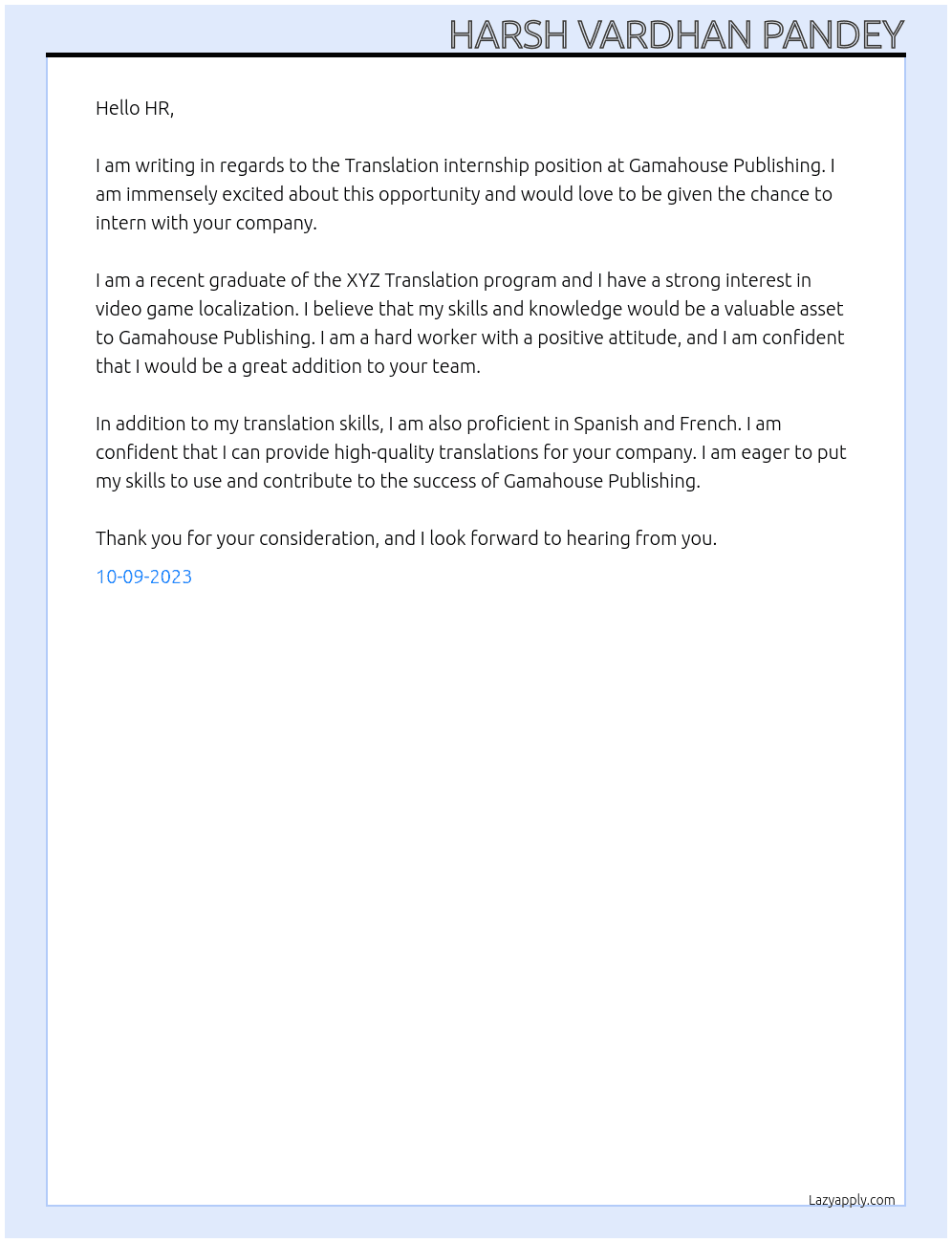 Translation internship At Gamahouse Publishing Cover Letter