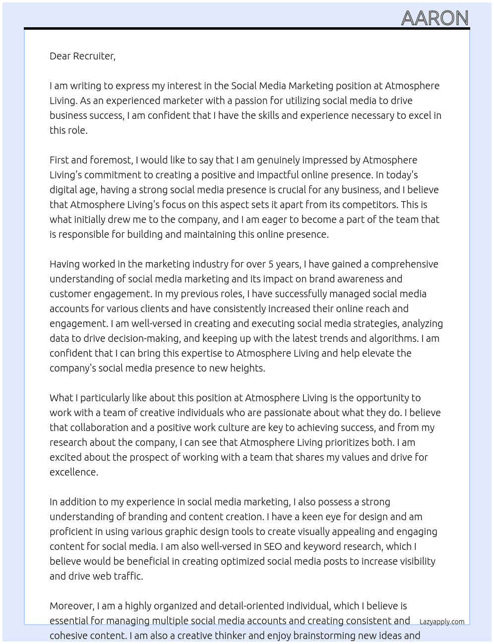 Social media marketing At Atmosphere Living Cover Letter