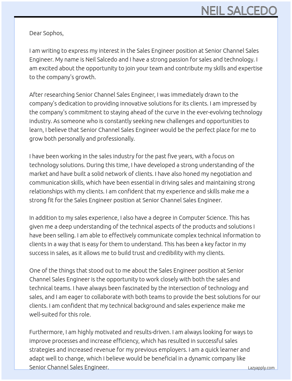 Sales Engineer At Senior Channel Sales Engineer Cover Letter