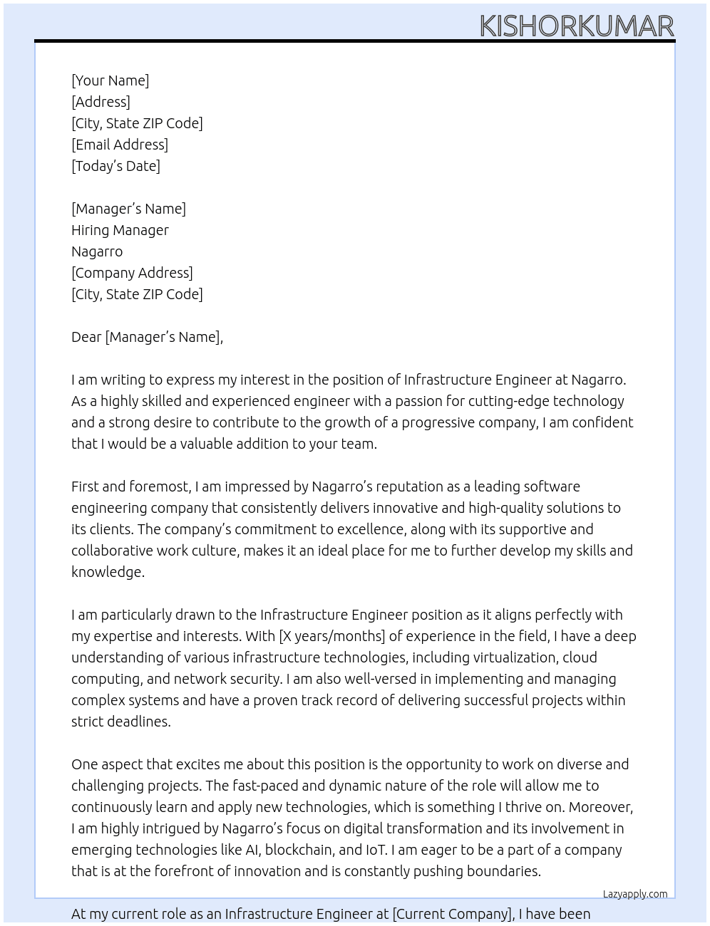 Infrastructure engineer  At Nagarro  Cover Letter
