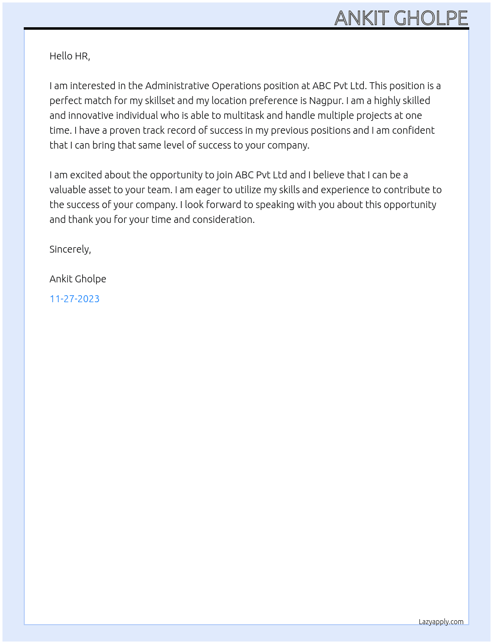 Administrative Operations At ABC Pvt Ltd Cover Letter