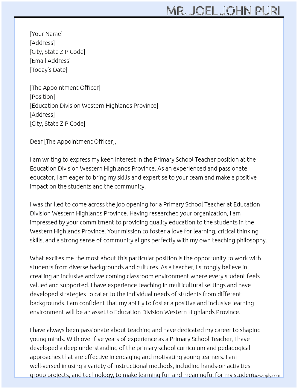 Primary School Teacher  At Education Division Western Highlands Province  Cover Letter