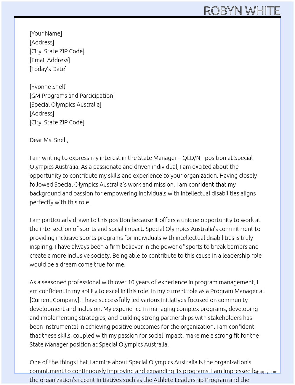 State Manager - QLD/NT At Special Olympics Australia Cover Letter