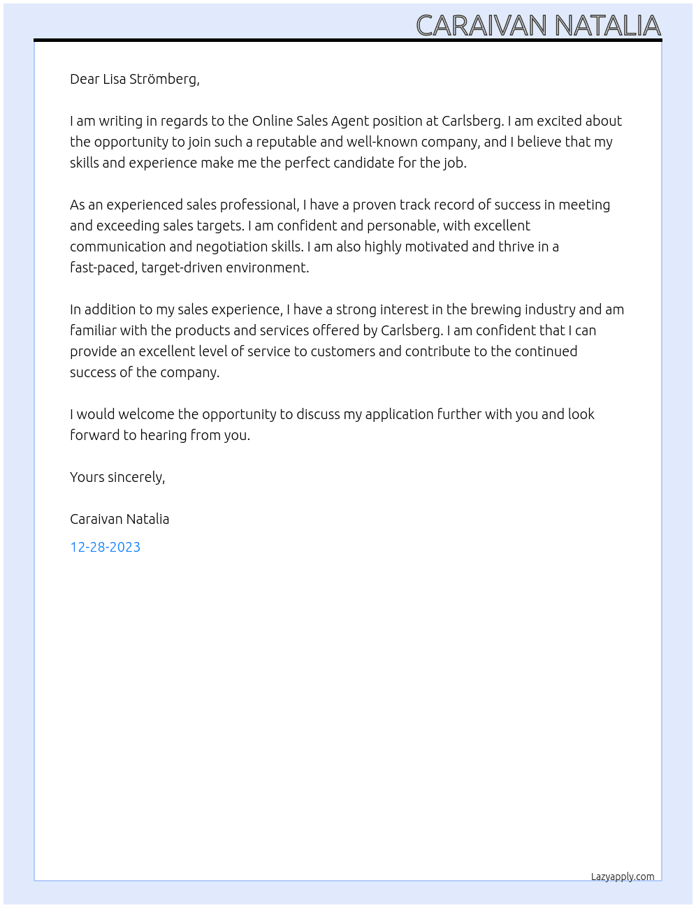 Online Sales Agent At Carlsberg Cover Letter