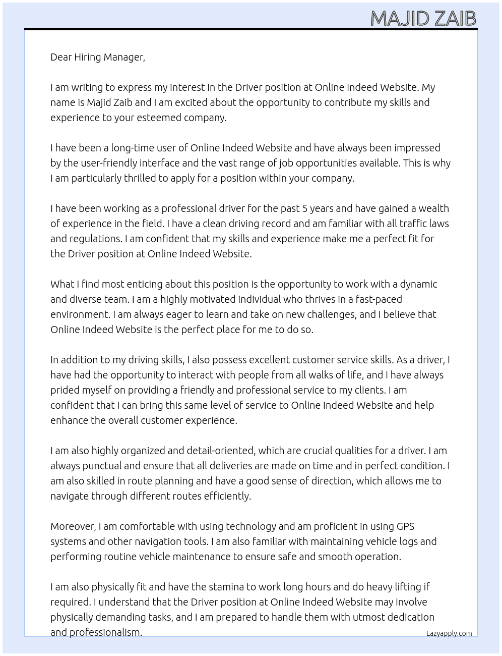 Driver  At Online indeed website  Cover Letter