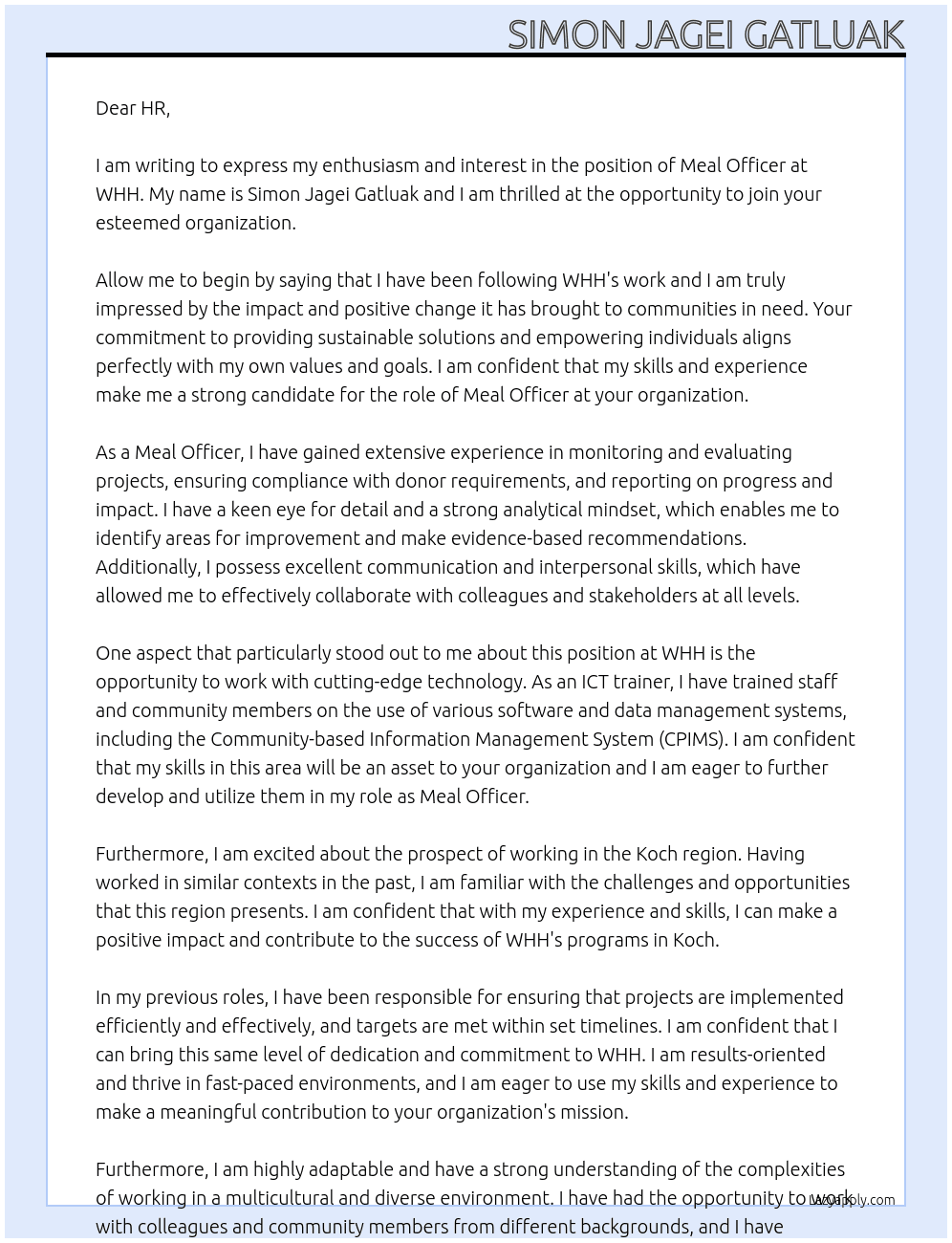 Meal Officer At WHH Cover Letter