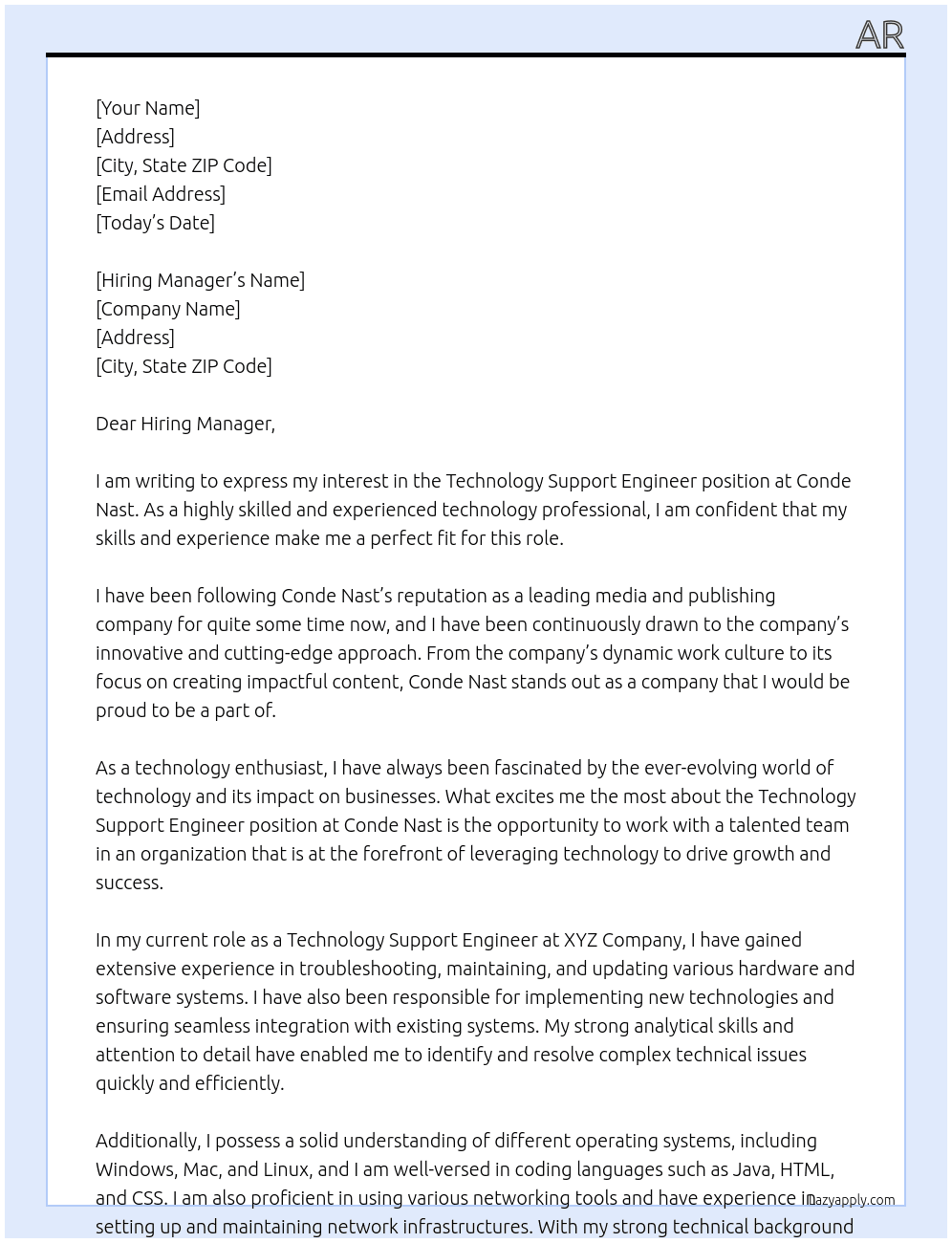 Technology Support Engineer At Conde Nast Cover Letter