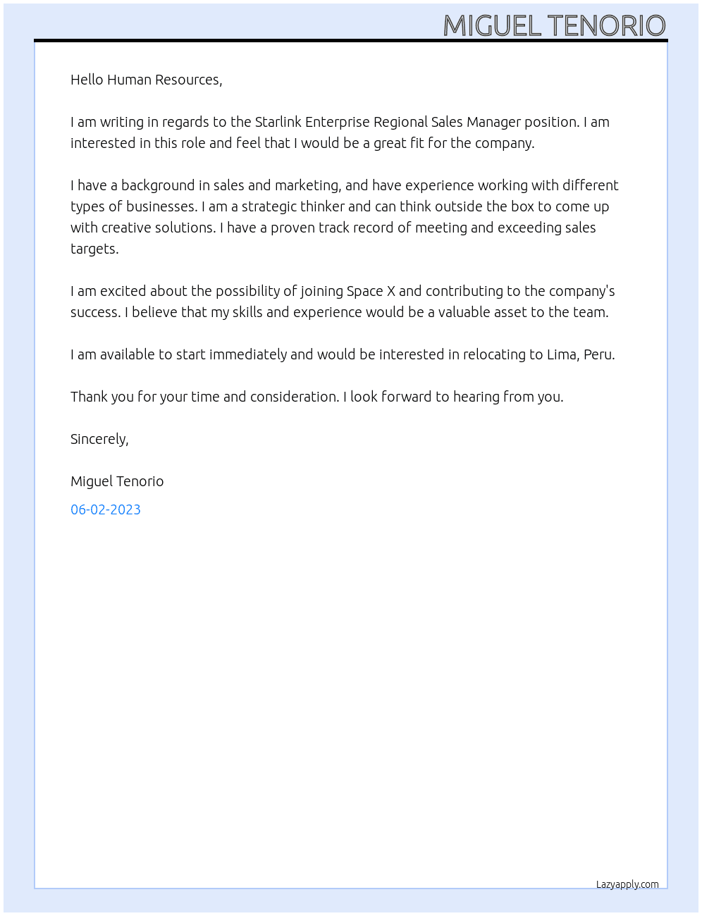 Starlink Enterprise Regional Sales Manager At Space X Cover Letter