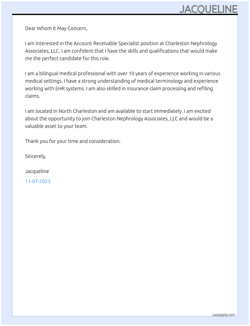 Account Receivable Specialist At Charleston Nephrology Associates, LLC Cover Letter