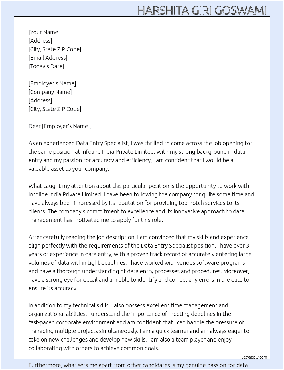 Data Entry Specialist At Infoline India Private Limited Cover Letter
