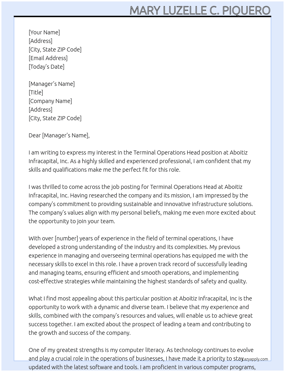 Cover letter for terminal operations head - LazyApply