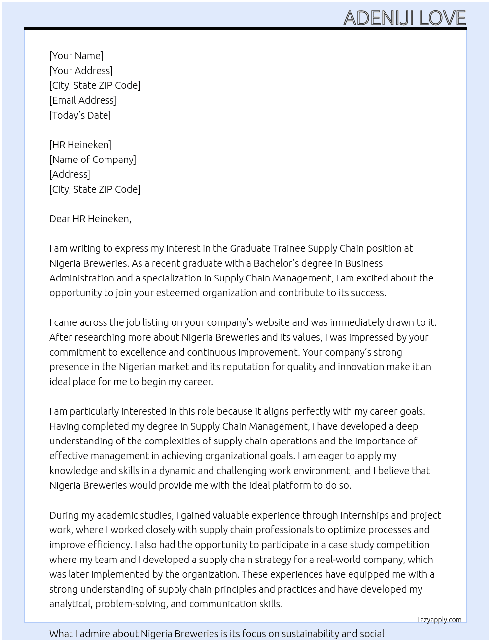 Graduate trainee supply chain At Nigeria Breweries  Cover Letter