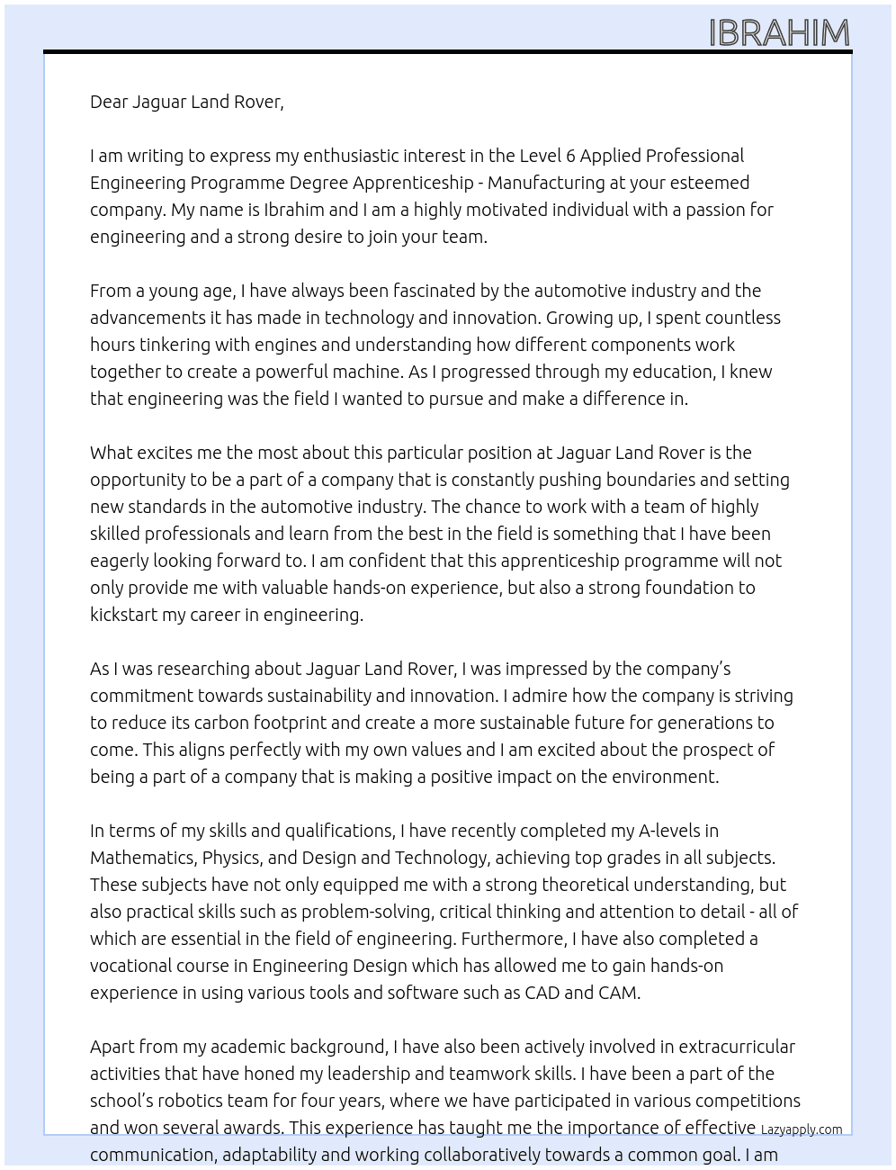 Level 6 Applied Professional Engineering Programme Degree Apprenticeship - Manufacturing At Jaguar Land Rover Cover Letter