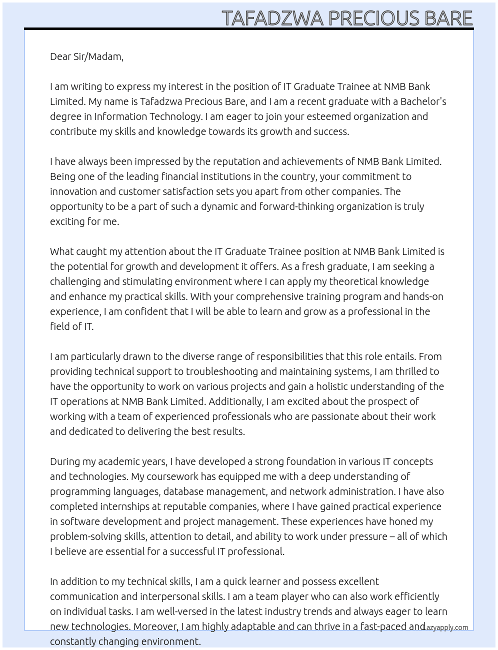 IT graduate trainee At NMB Bank limited Cover Letter