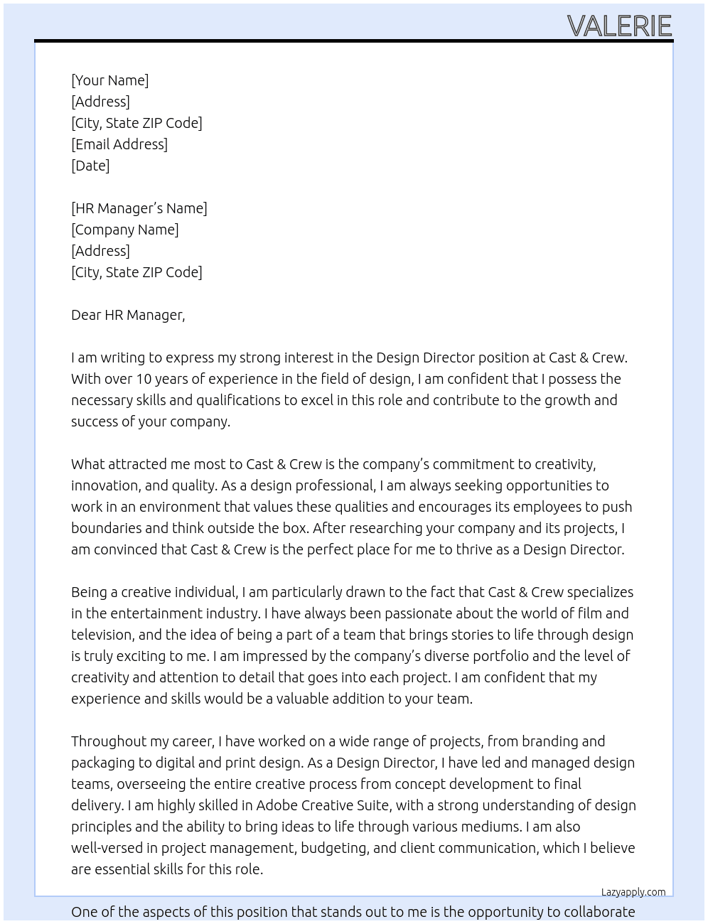 Design Director At Cast & Crew Cover Letter