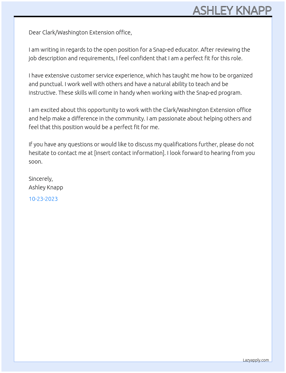 Snap-ed educator  At Clark/Washington Extension office Cover Letter