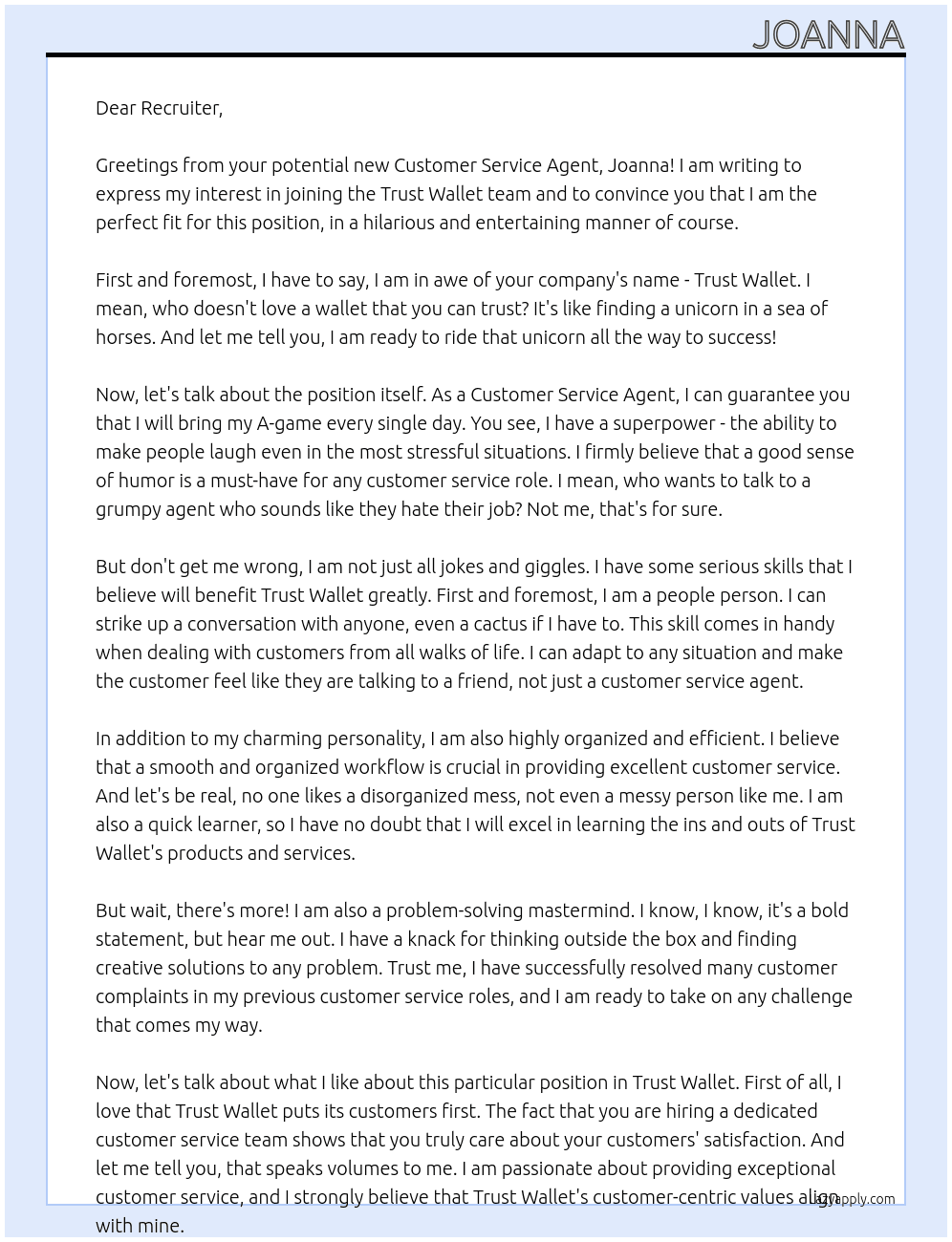 Customer Service Agent At trust wallet Cover Letter