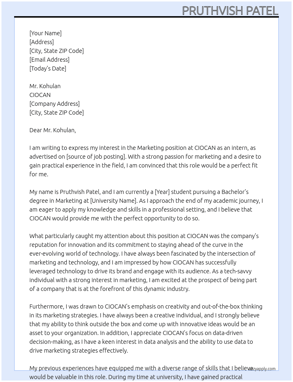 Marketing At CIOCAN Cover Letter