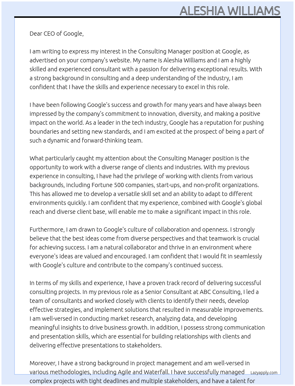 Consulting Manager At Google  Cover Letter