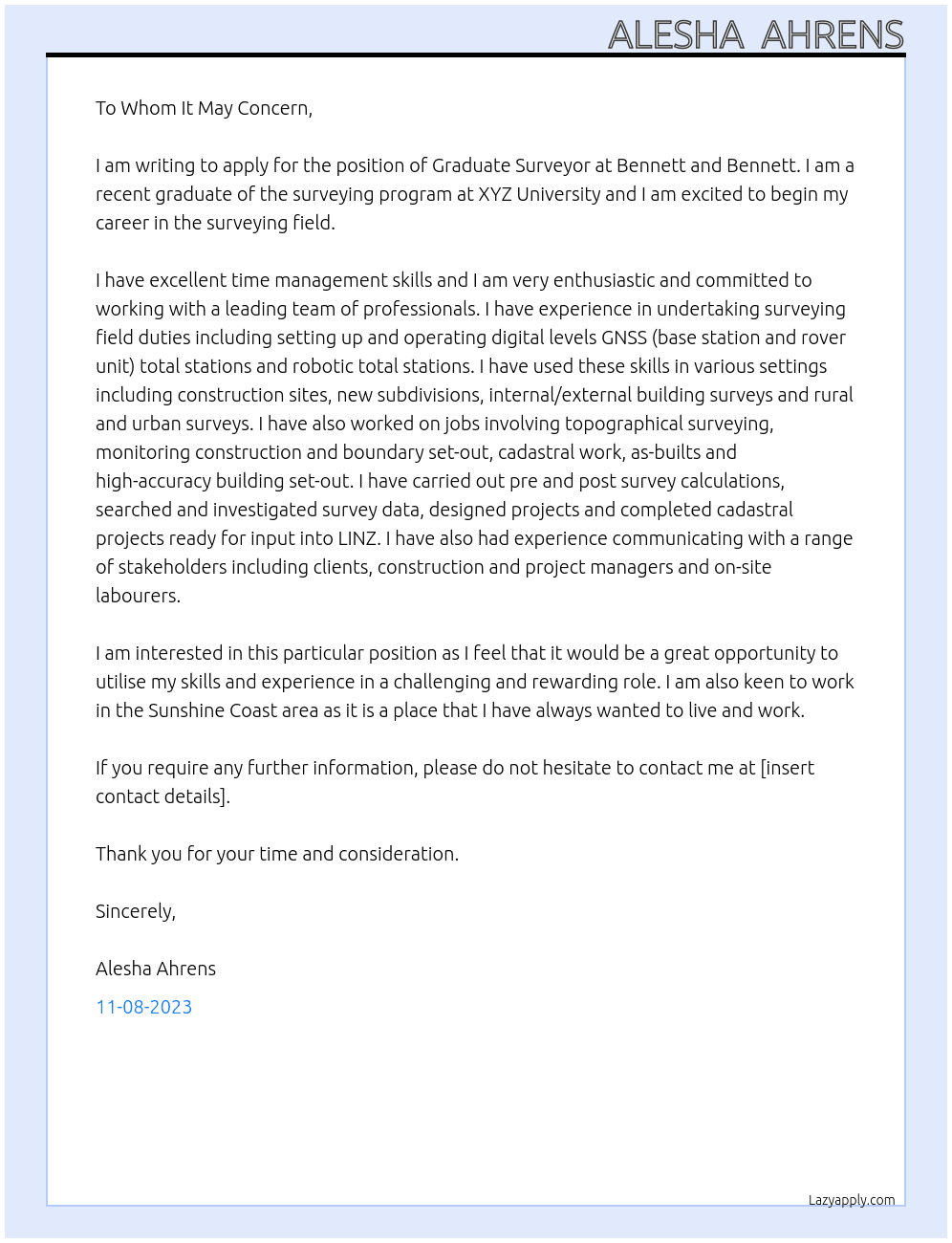 Graduate Surveyor At Bennett and Bennett Cover Letter