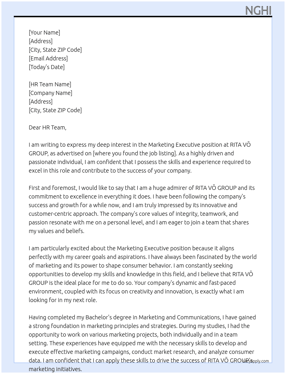Marketing Executive  At RITA VÕ GROUP Cover Letter