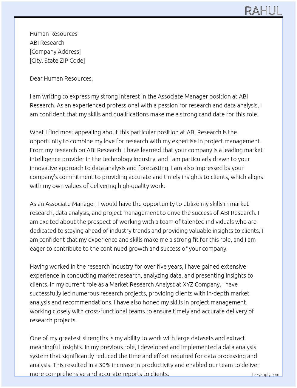 Associate Manager At ABI Research Cover Letter