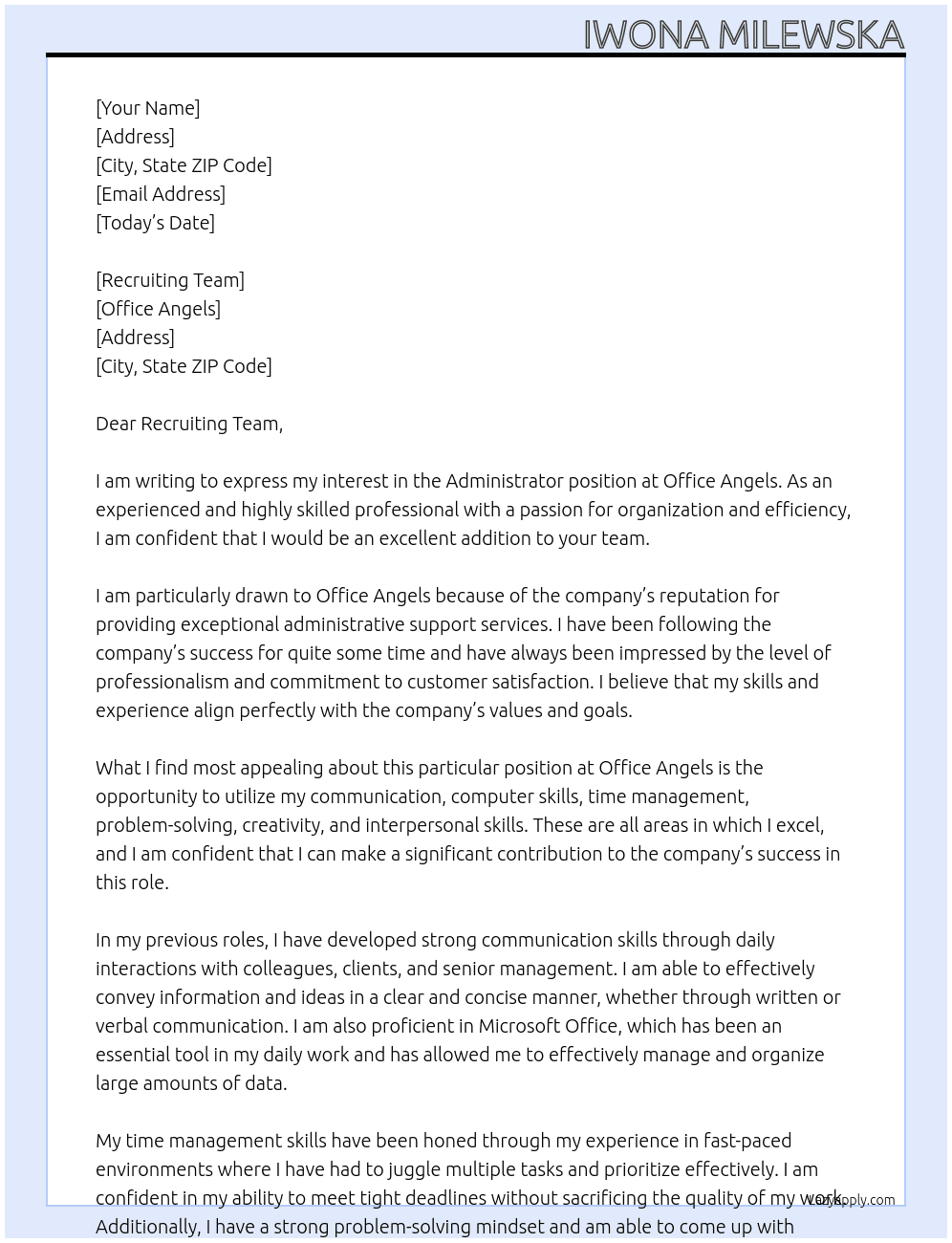 Administrator At Office Angels Cover Letter