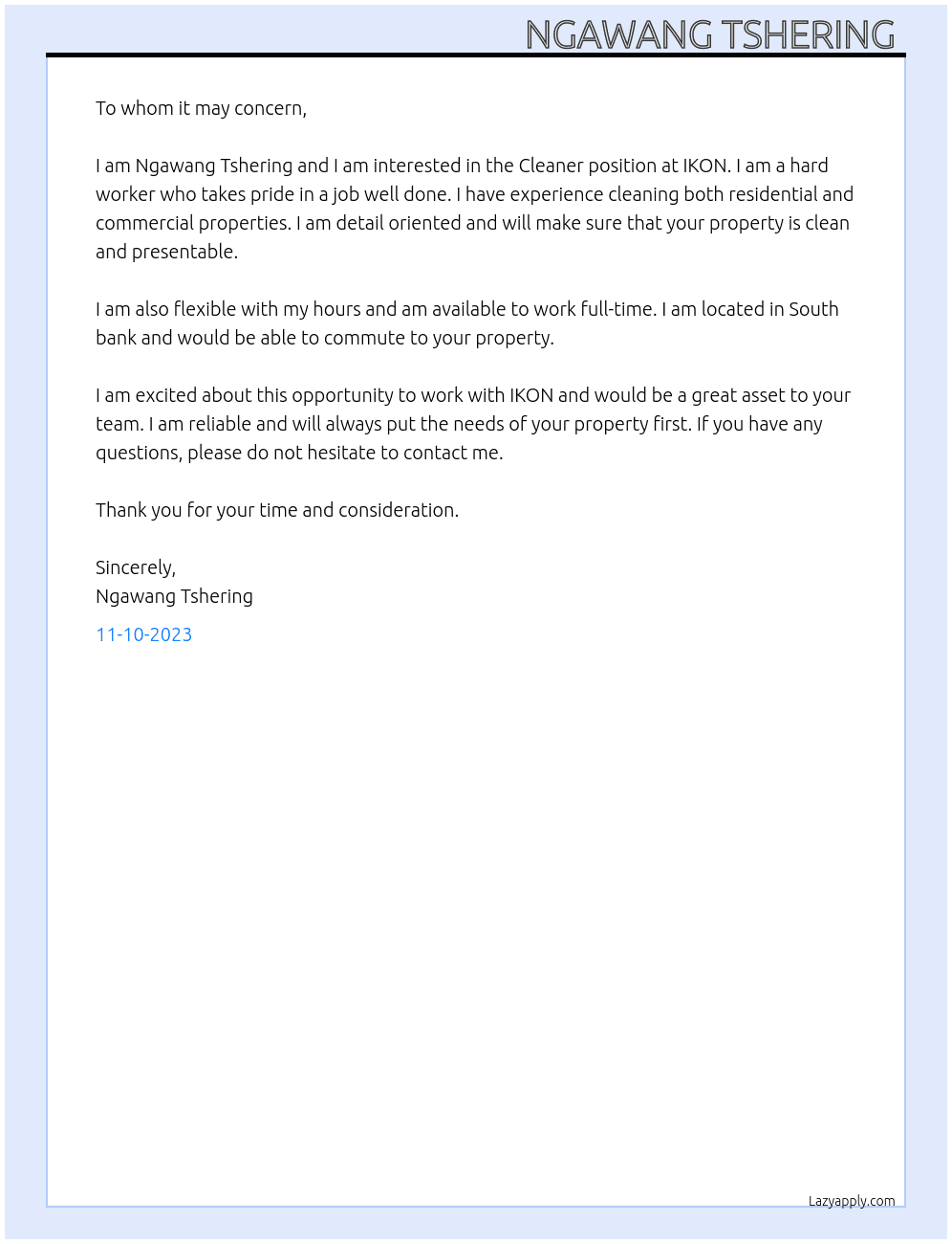 Cleaner  At IKON Cover Letter