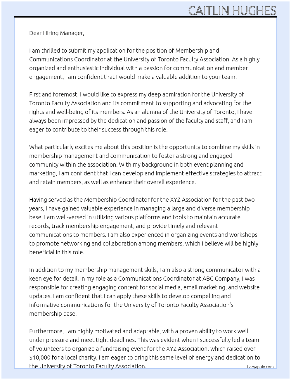 Membership and Communications Coordinator  At University of Toronto Faculty Association Cover Letter
