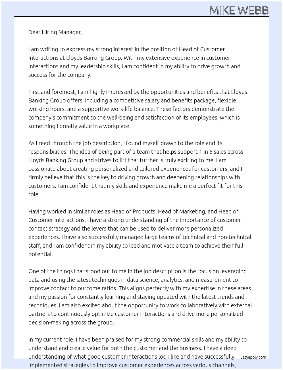 Head of Customer Interactions At Lloyds Banking Group Cover Letter