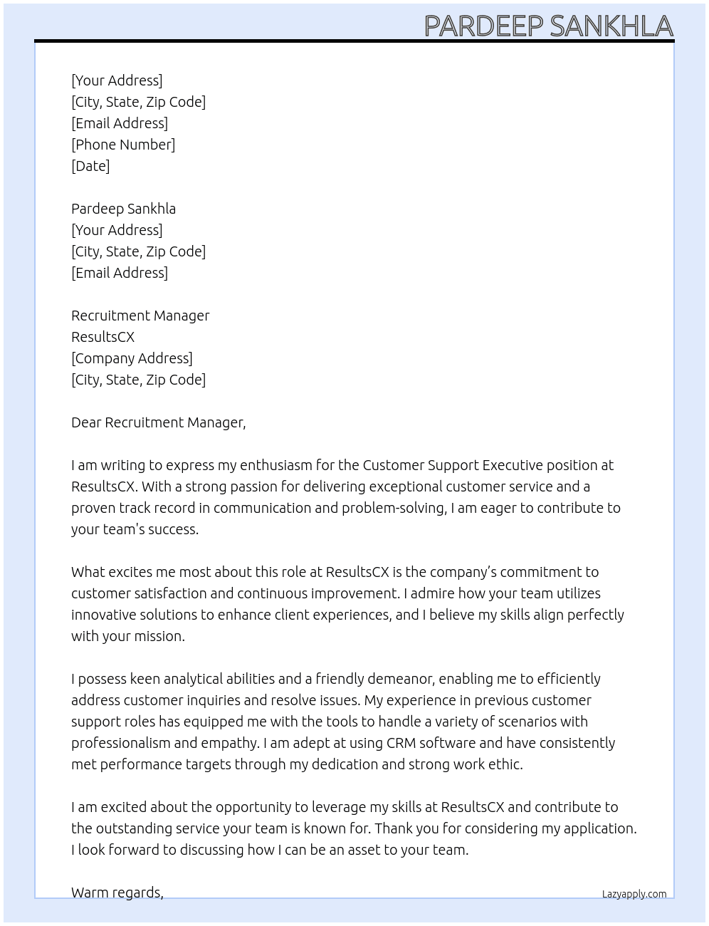 Customer Support Executive At ResultsCX Cover Letter