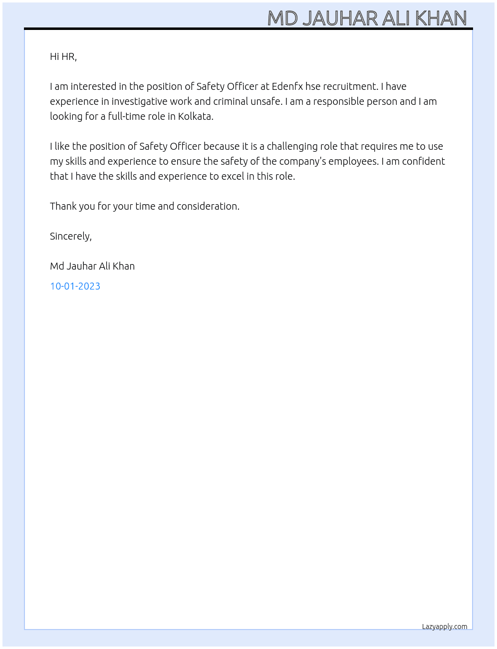 Safety officer  At Edenfx hse recruitment  Cover Letter