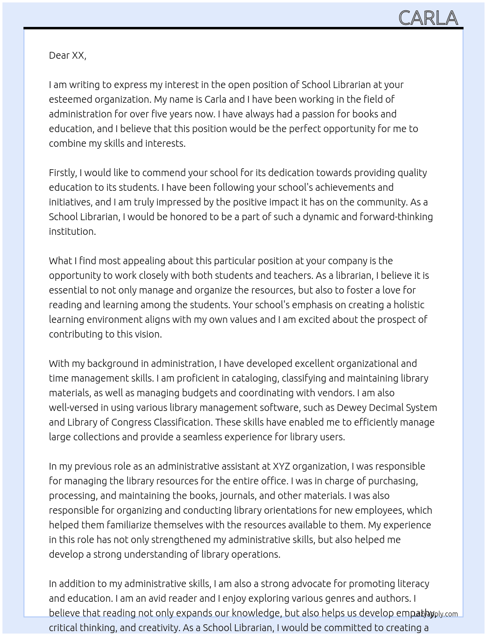 School Librarian At xx Cover Letter