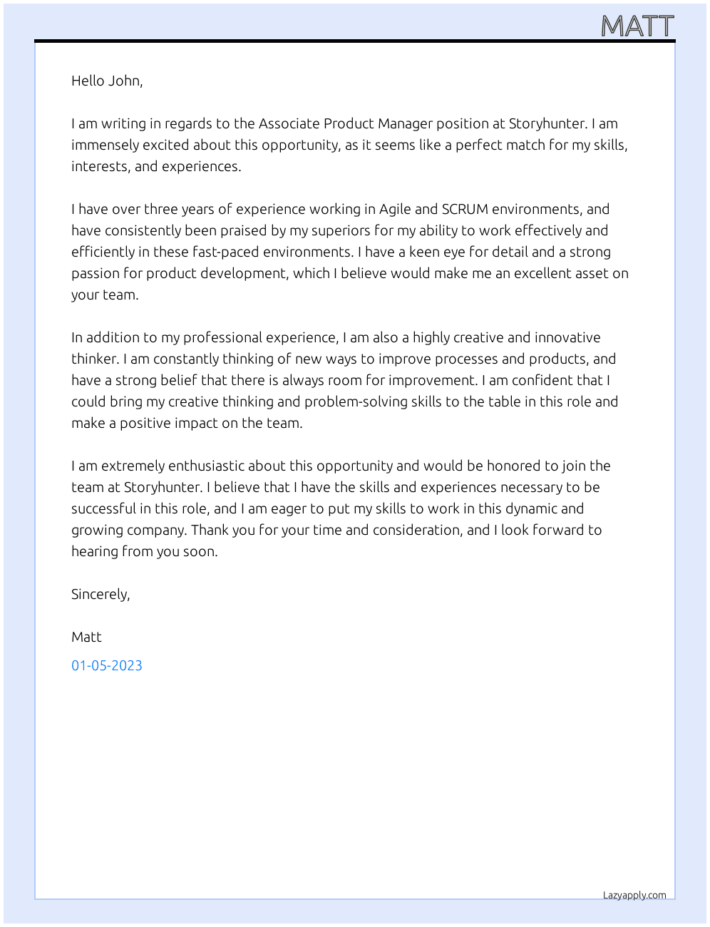 Associate Product Manager At Storyhunter Cover Letter