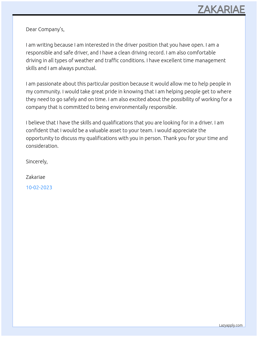 Driver At Company's  Cover Letter