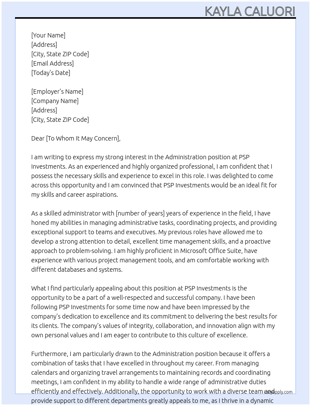 Administation At PSP Investments Cover Letter