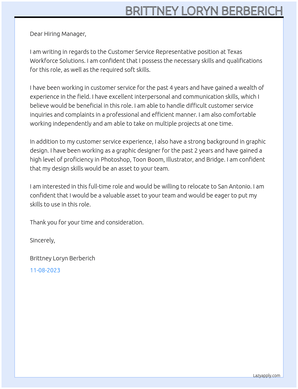 Customer Service Rep At Texas Workforce Solutions Cover Letter