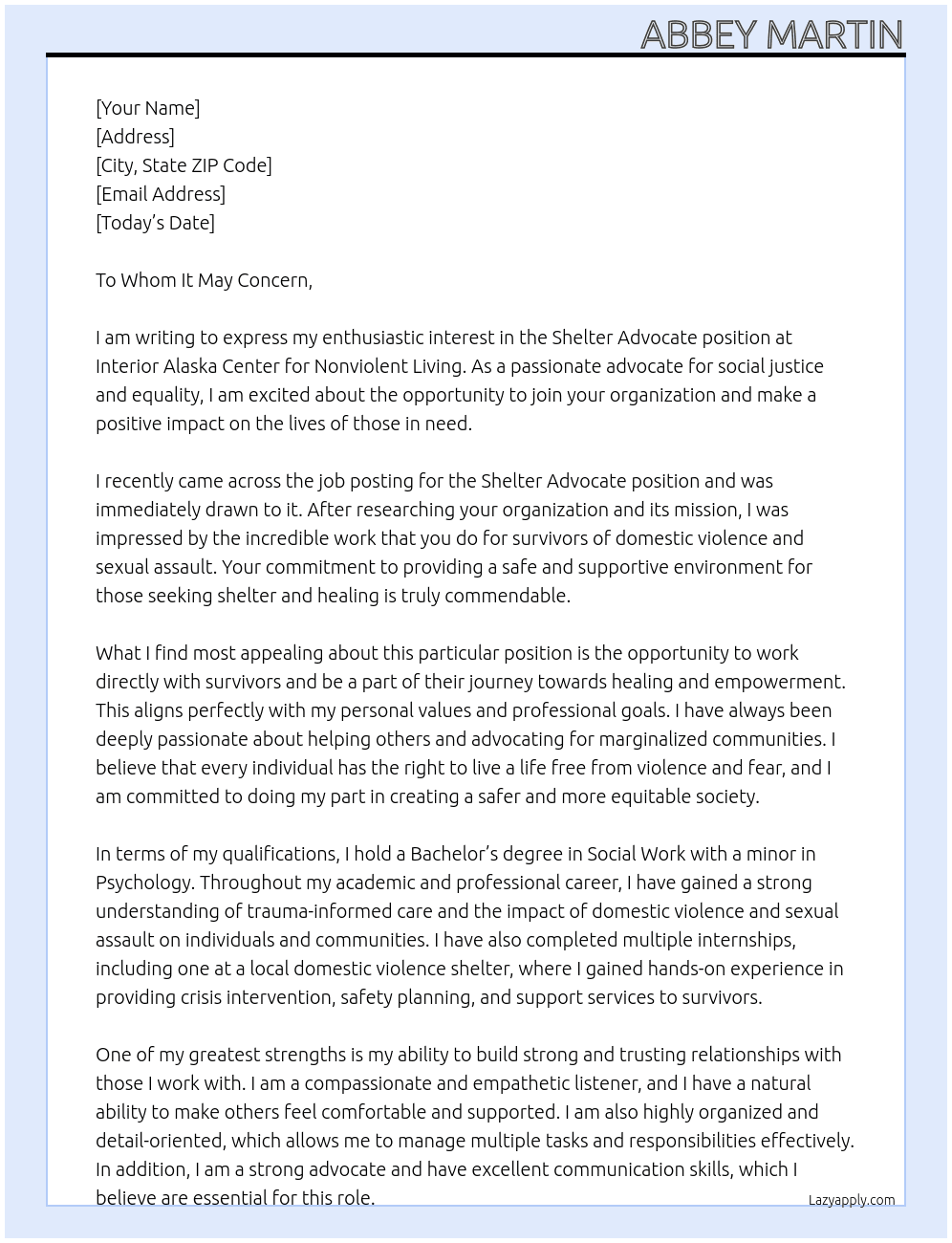 Shelter advocate  At Interior Alaska Center for Nonviolent living  Cover Letter