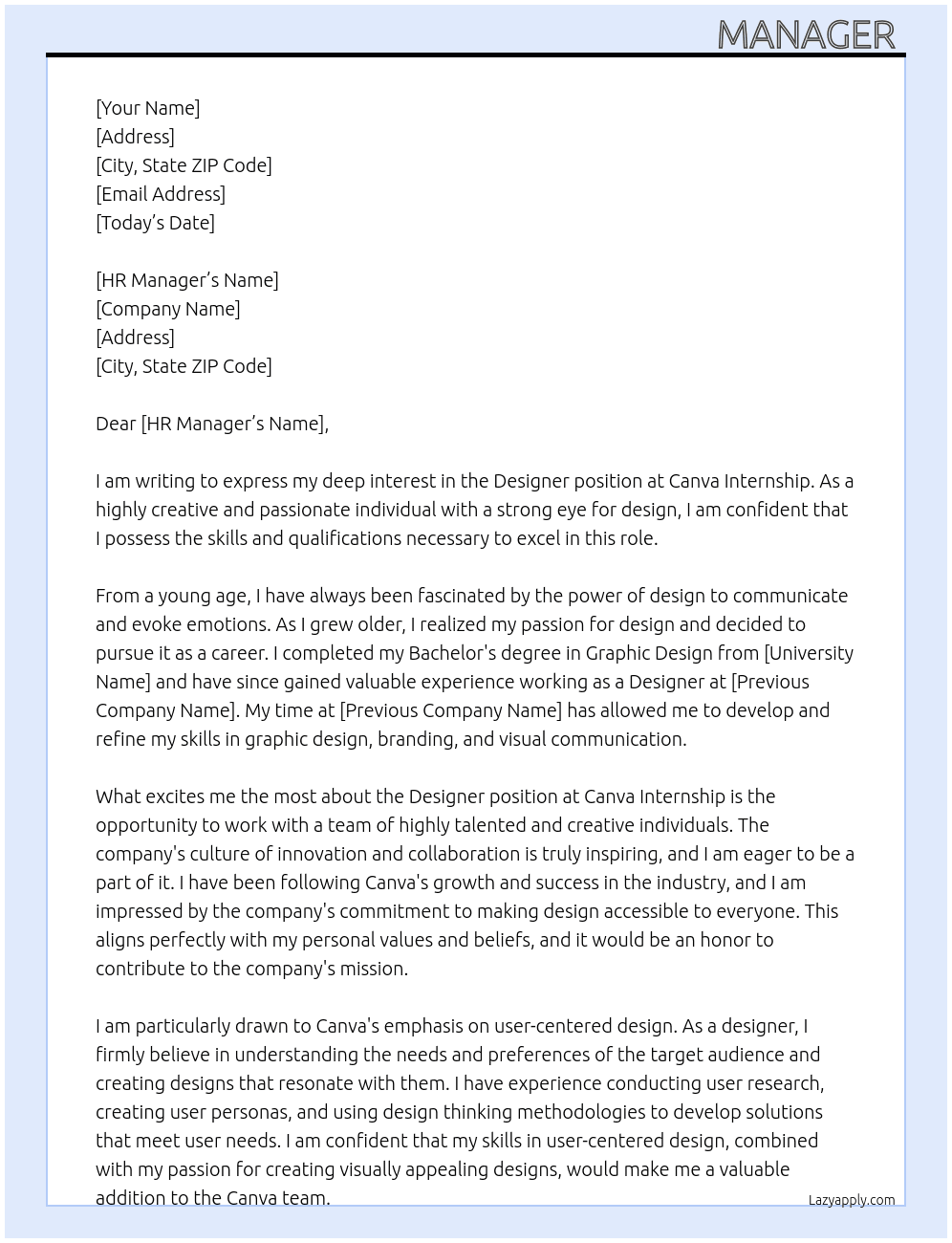 Designer  At Canva intership Cover Letter